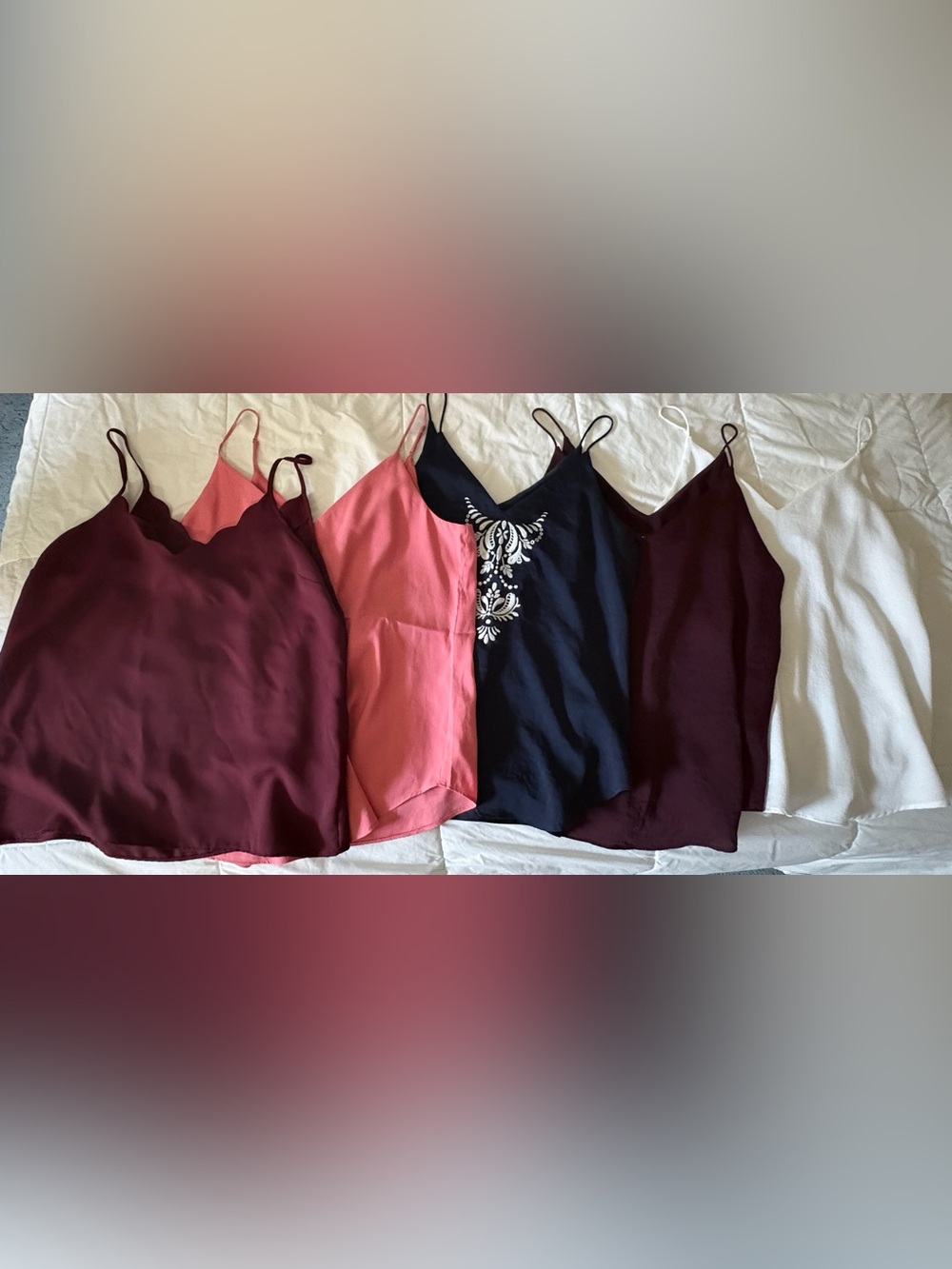 Express Pink, Maroon Scalloped, Maroon, White, Navy Embroidered V-Neck Camis